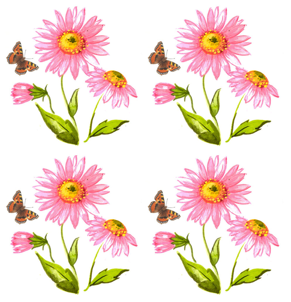 Pink Daisy Flowers and Butterflies Overglaze Ceramic Decals
