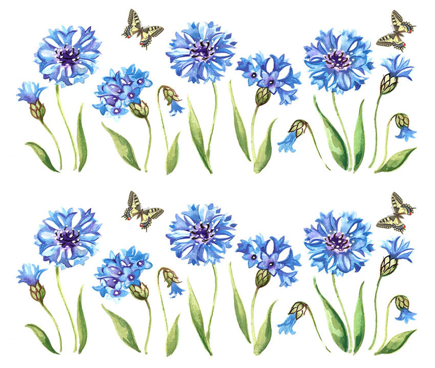 Cornflower Flowers and Butterflies Mug Wrap Overglaze Ceramic Decals