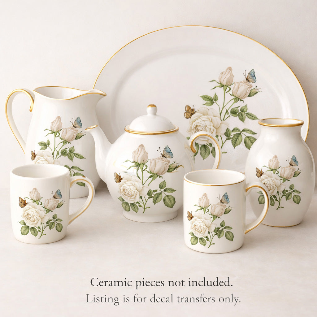 White Tea Rose Butterfly Bouquet Flower Overglaze Waterslide Ceramic Decals
