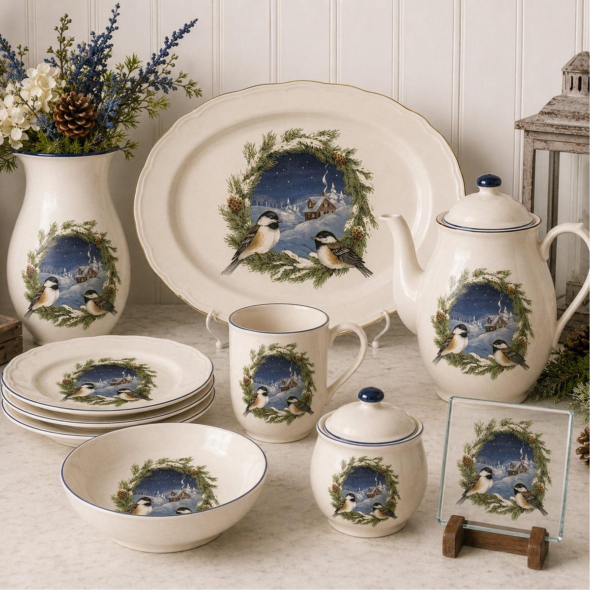 Christmas Chickadee Wreath Overglaze Ceramic Decals