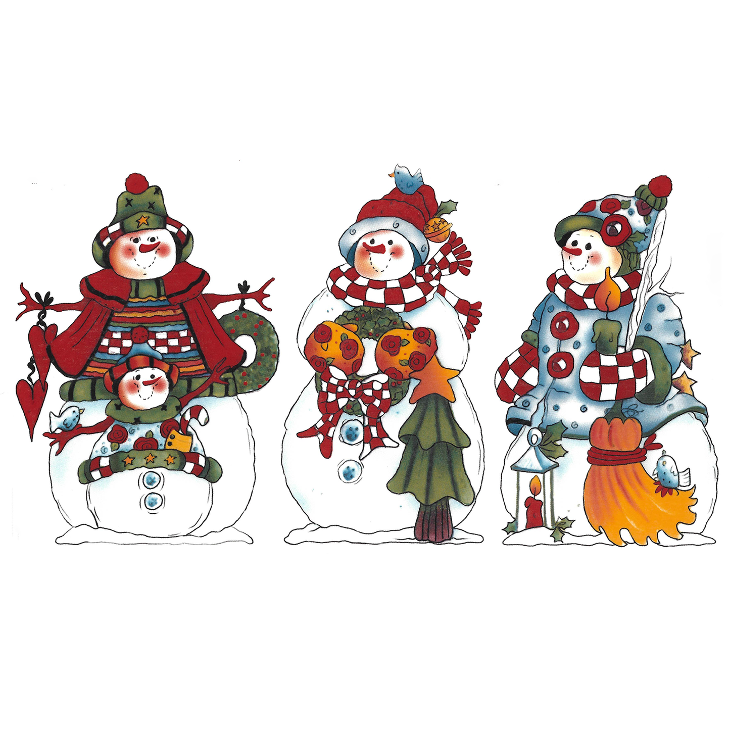 Trio of Folk Art Christmas Snowmen Overglaze Ceramic Decals