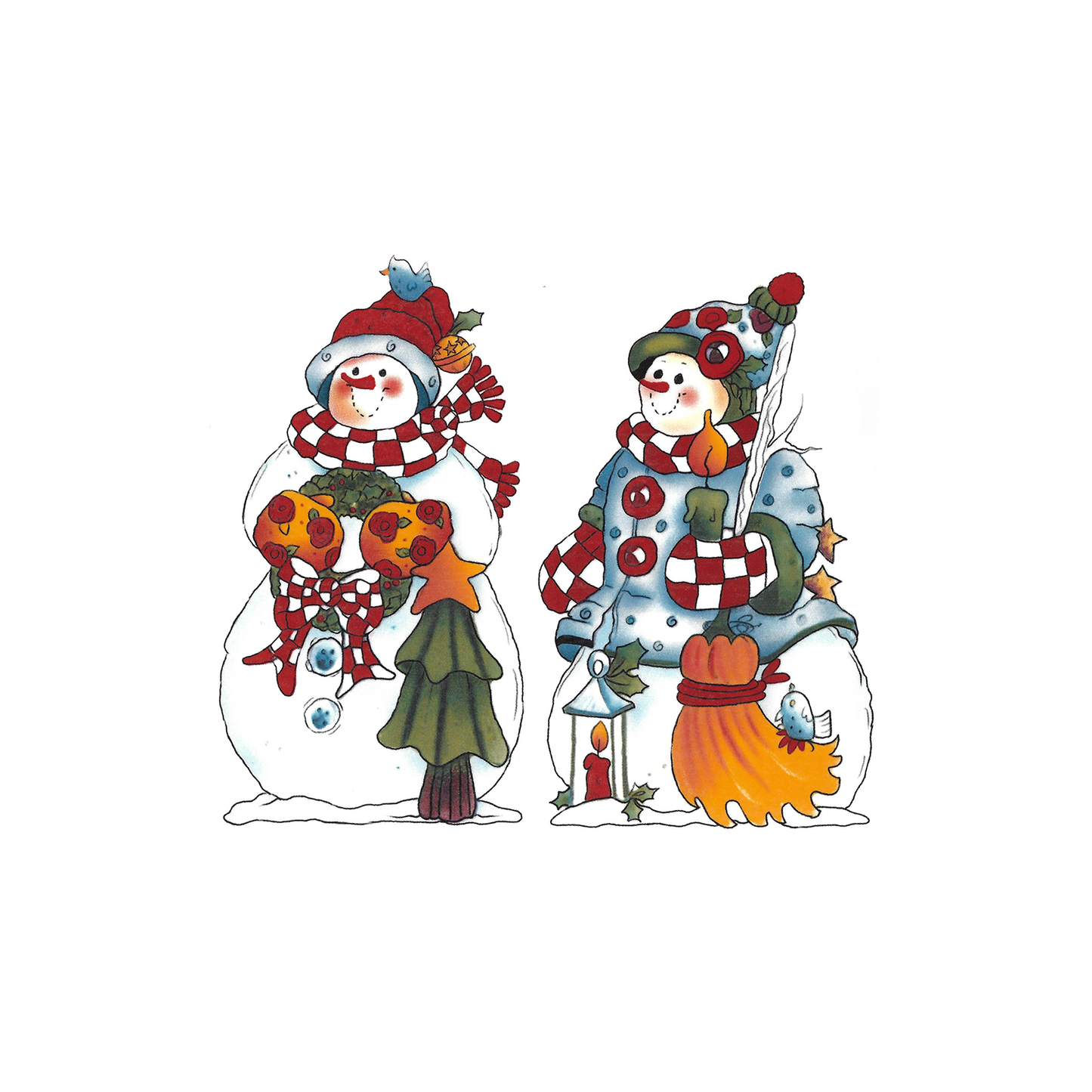 Trio of Folk Art Christmas Snowmen Overglaze Ceramic Decals