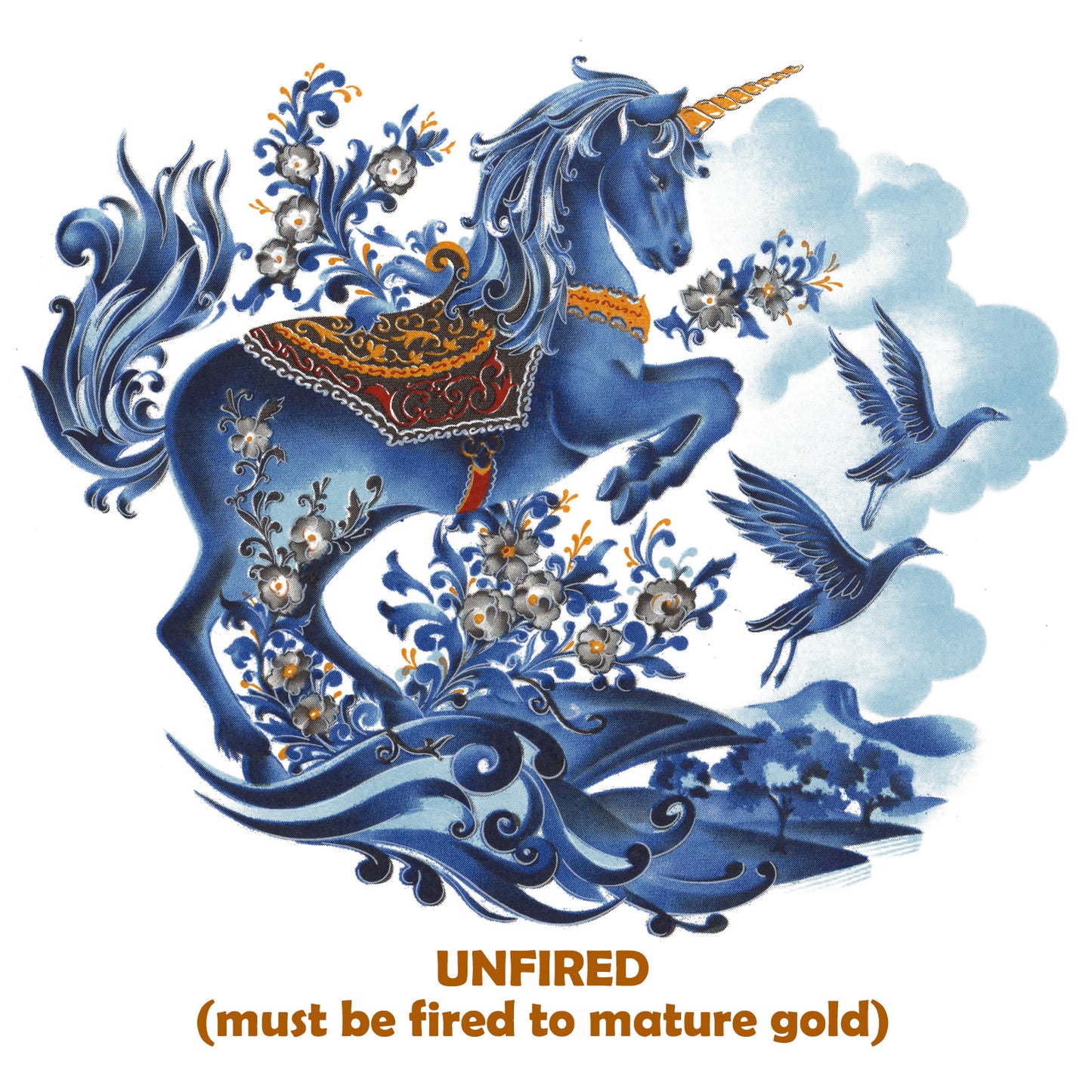 Gold Blue Unicorn Overglaze Waterslide Ceramic Decals