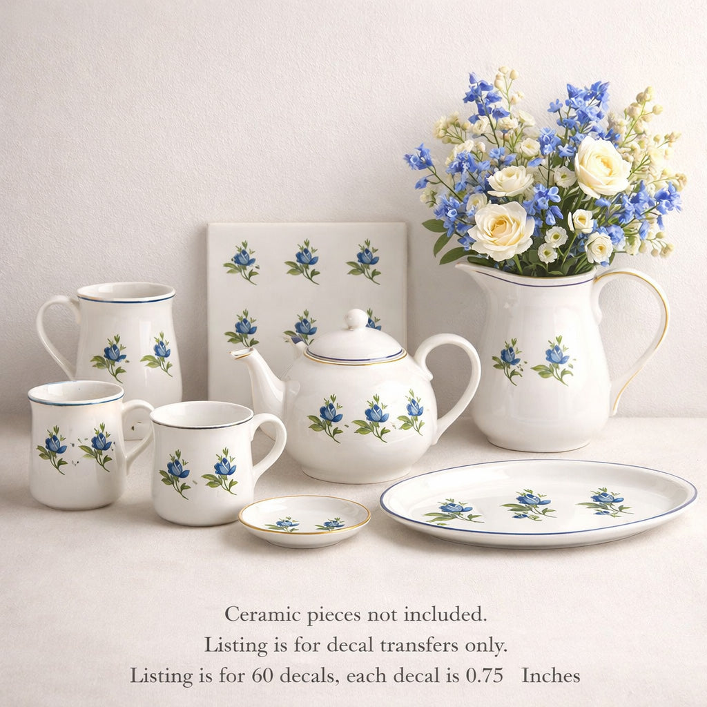 Flowers Blue Roses 0.75 Inch 60 pcs Overglaze Ceramic Decals