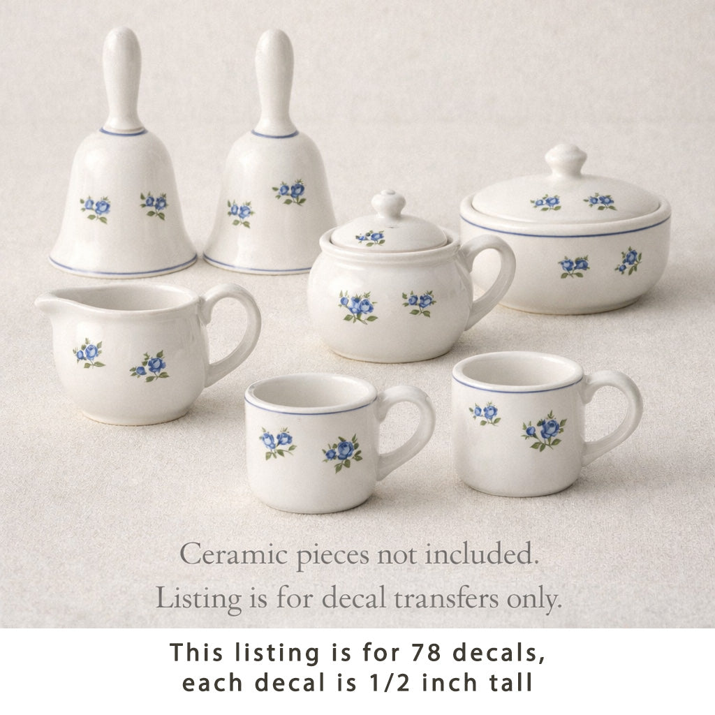 Flowers Blue Roses 0.5 Inch 78 pcs Overglaze Ceramic Decals