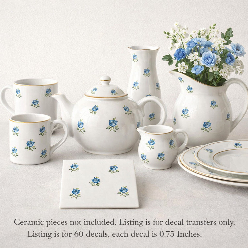 Flowers Blue Roses 0.5 Inch 65 pcs Overglaze Ceramic Decals