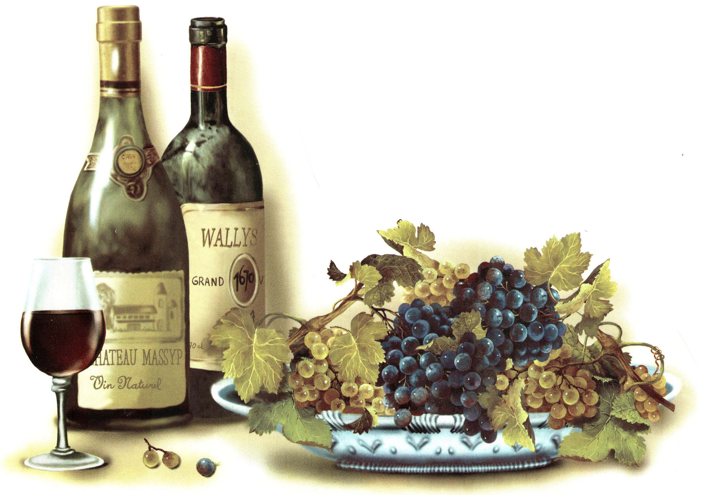 Wine Bottle with Glass and Grapes Tray Overglaze Ceramic Decals