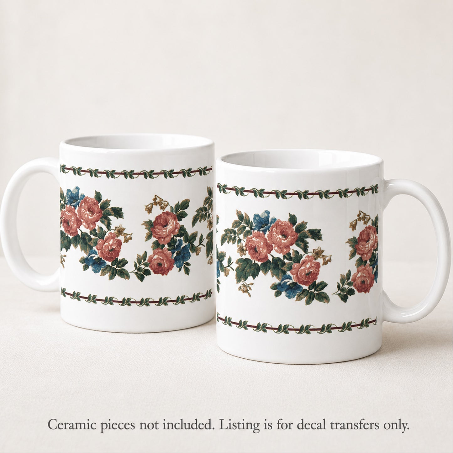 Pink Rose Vine Mug Cup Wrap 2 pcs Waterslide Ceramic Decal