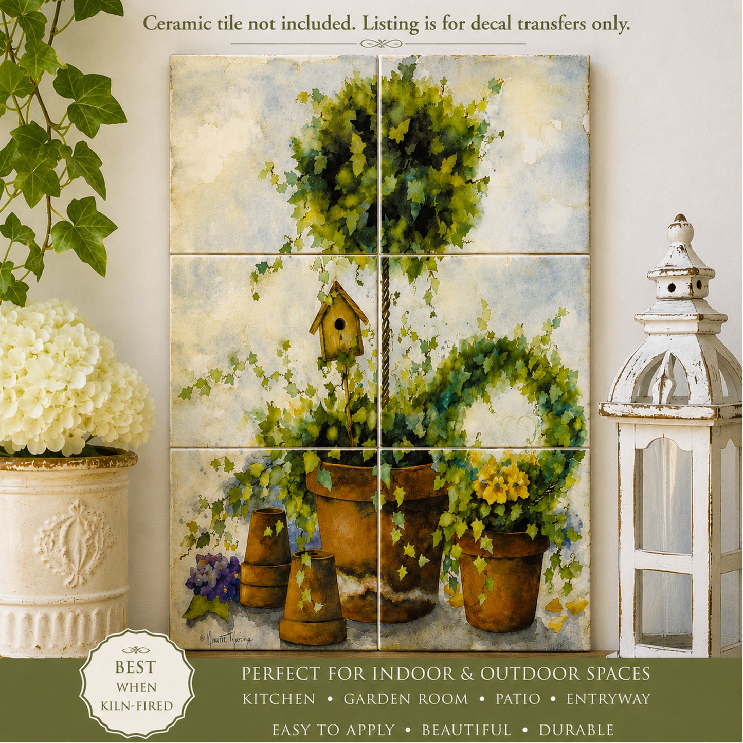 Topiary Bird House 17 x 11 Inch Mural 1 pc Overglaze Ceramic Decal