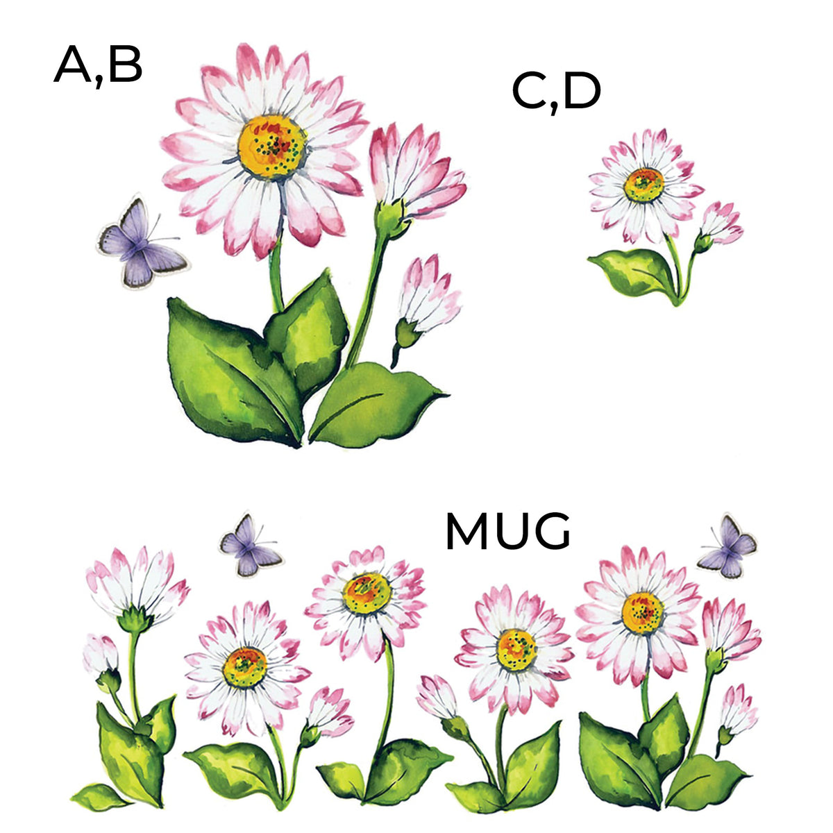White Daisies and Butterflies Overglaze Ceramic Decals