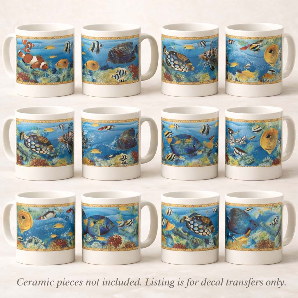 Tropical Fish Mug Wrap Set of 4 Overglaze Waterslide Ceramic Decals