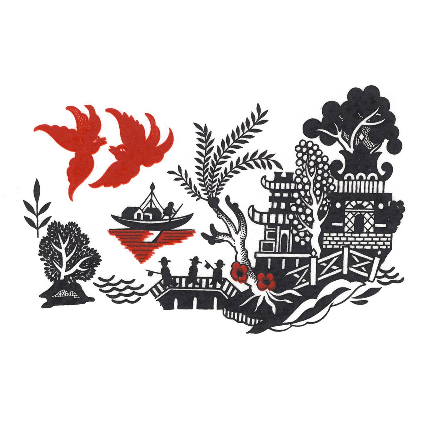 Black Red Willow Oriental Scene Overglaze Waterslide Ceramic Decals
