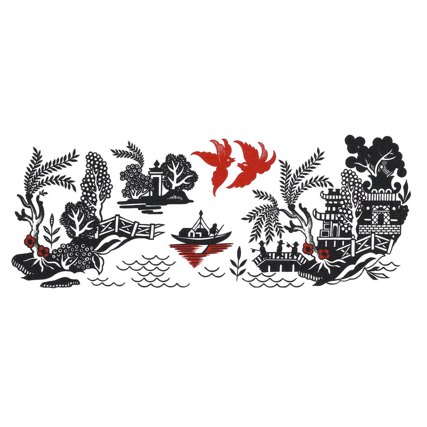 Black Red Willow Oriental Scene Overglaze Waterslide Ceramic Decals