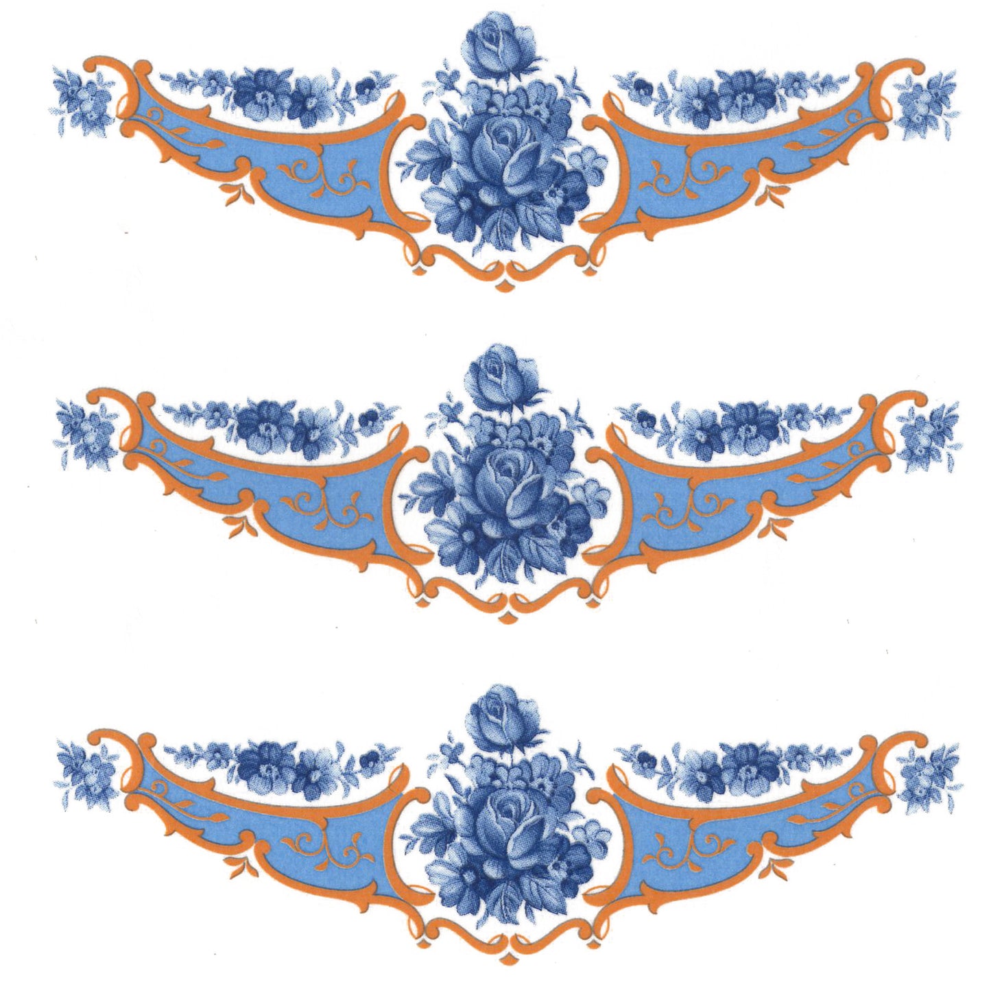 Blue Rose Flower Curved Border with Gold Accents Overglaze Ceramic Decals