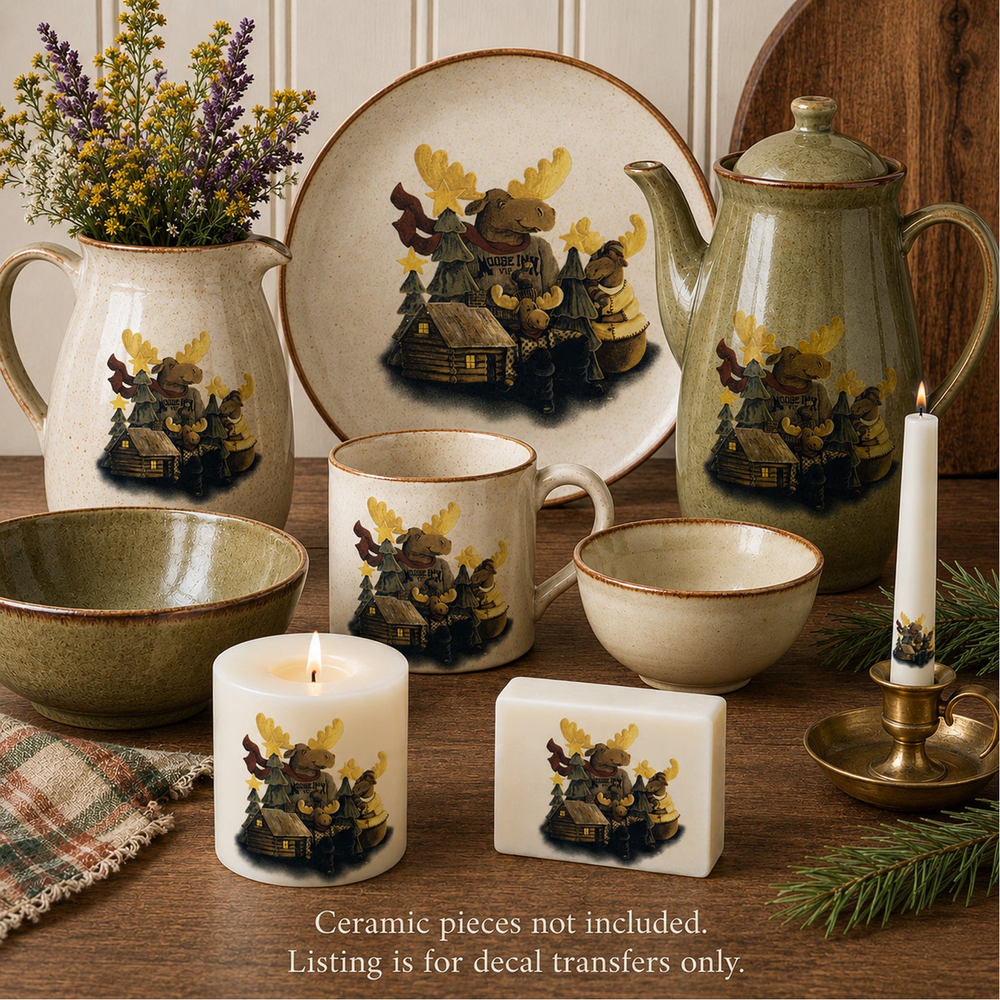 Moose Inn Cabin Lodge Trees Overglaze Waterslide Ceramic Decals