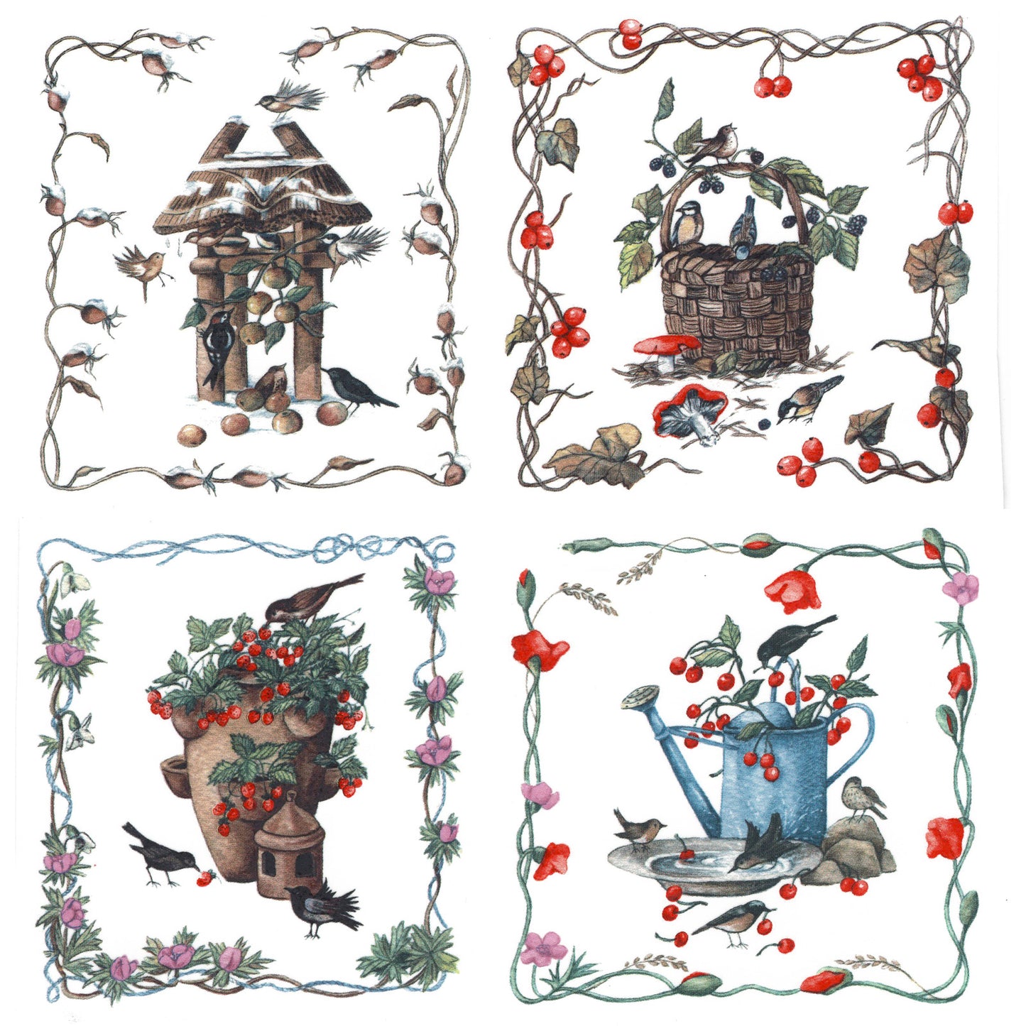 Framed Set of 4 Birds of All Seasons Overglaze Ceramic Decals
