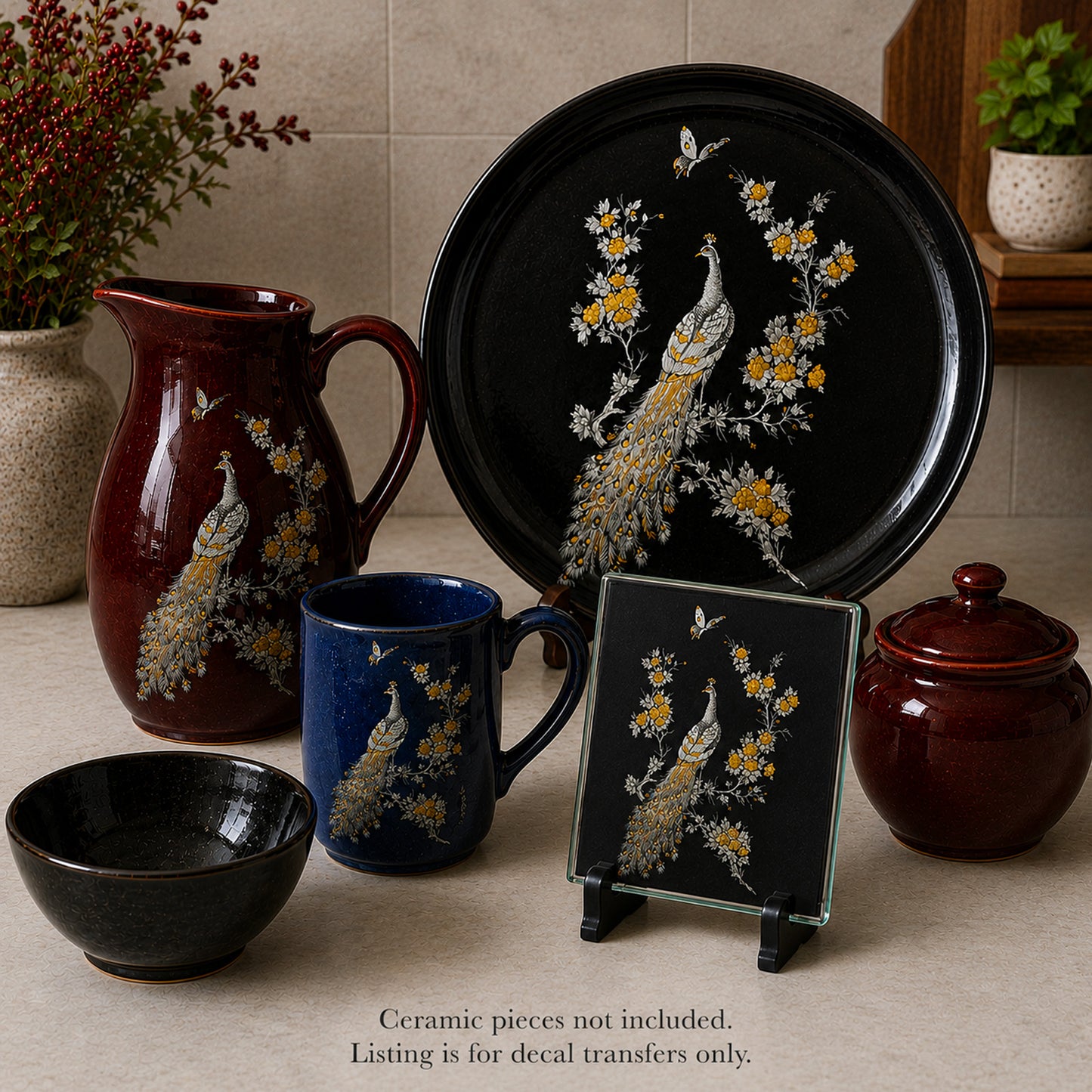 Gold and White Peacock Overglaze Ceramic Decals
