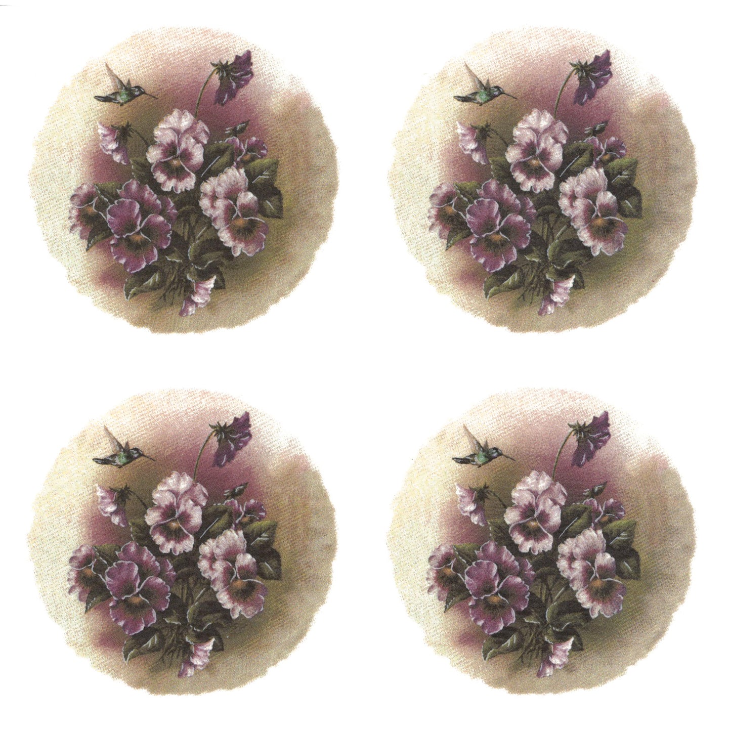 Flowers Purple Pansies Hummingbird Overglaze Ceramic Decals