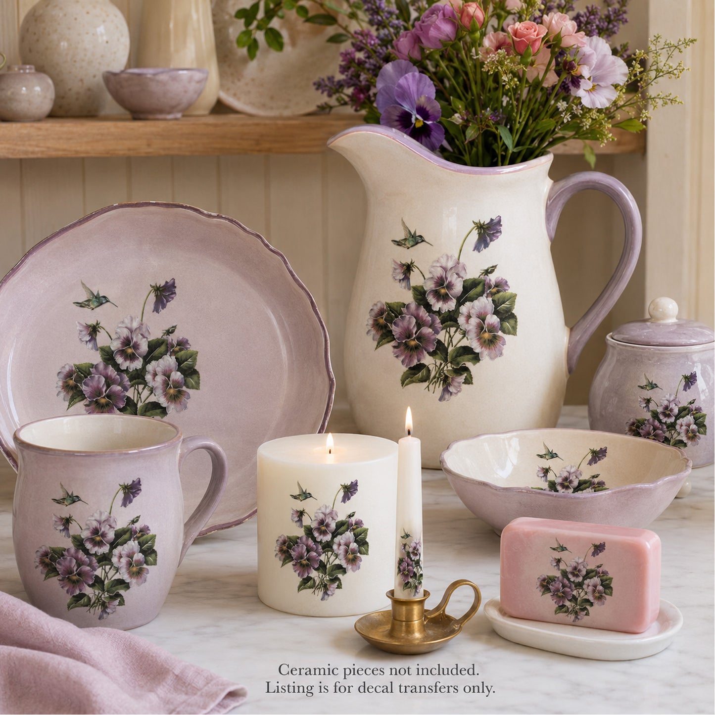 Flowers Purple Pansies Hummingbird Overglaze Ceramic Decals