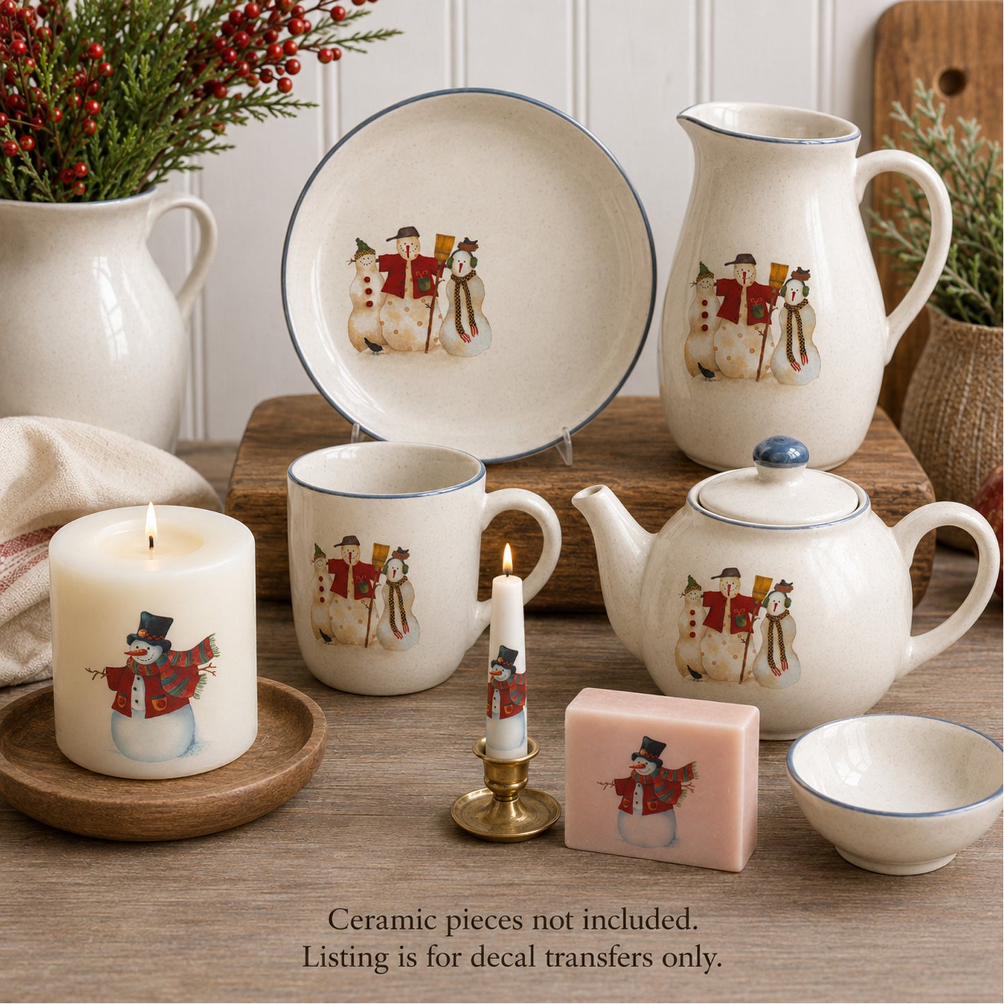 Folksy Folk Art Snowman Snowmen Overglaze Ceramic Decals