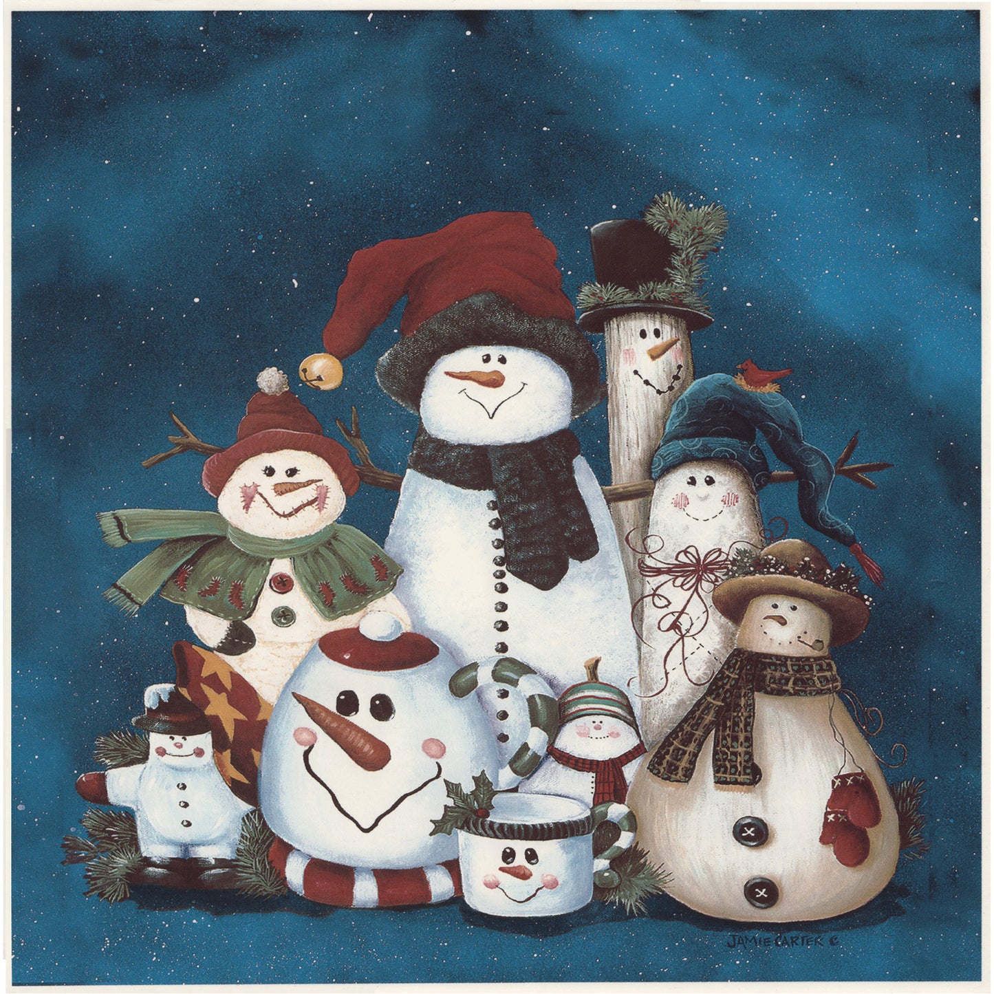 Christmas Snowman Folk Art Square Tile Overglaze Ceramic Decals