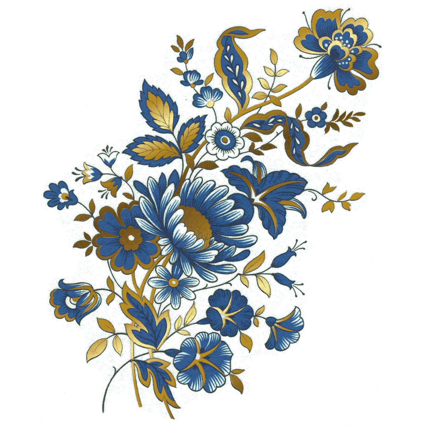 Vintage Blue Floral with Gold Chinoiserie Overglaze Waterslide Ceramic Decals