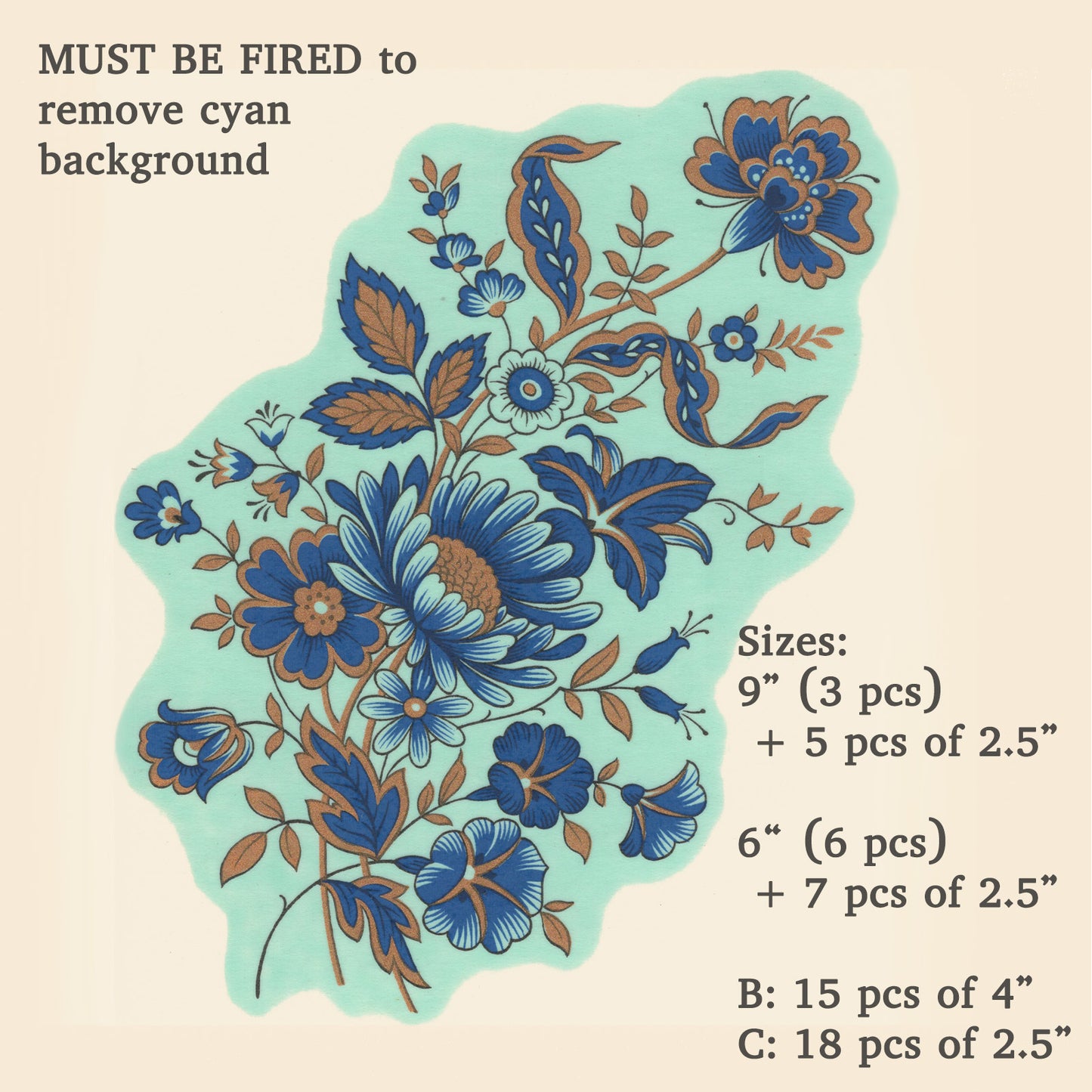 Vintage Blue Floral with Gold Chinoiserie Overglaze Waterslide Ceramic Decals