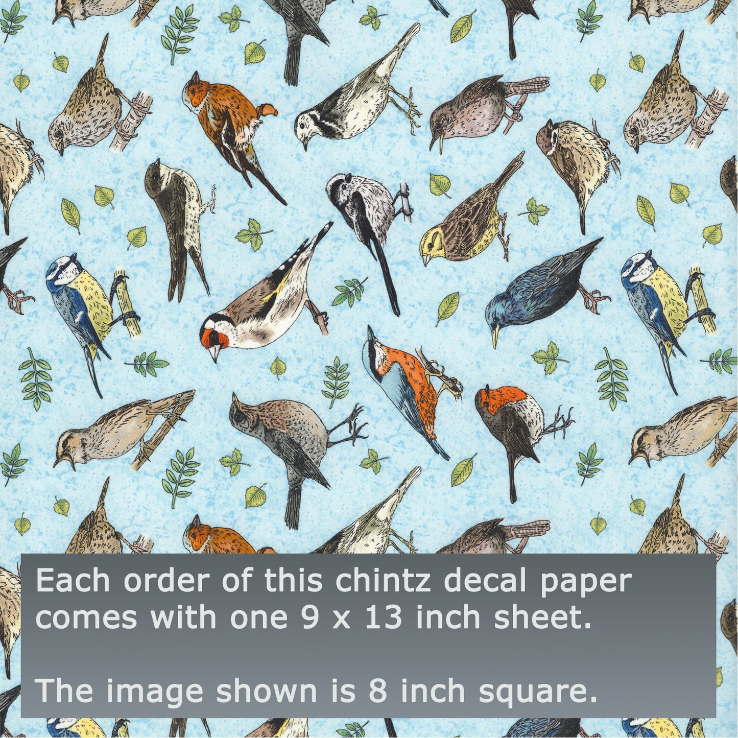 Allover Chintz Bird Song Blue Background 9 x 13.5 Inch Ceramic Decal Sheet