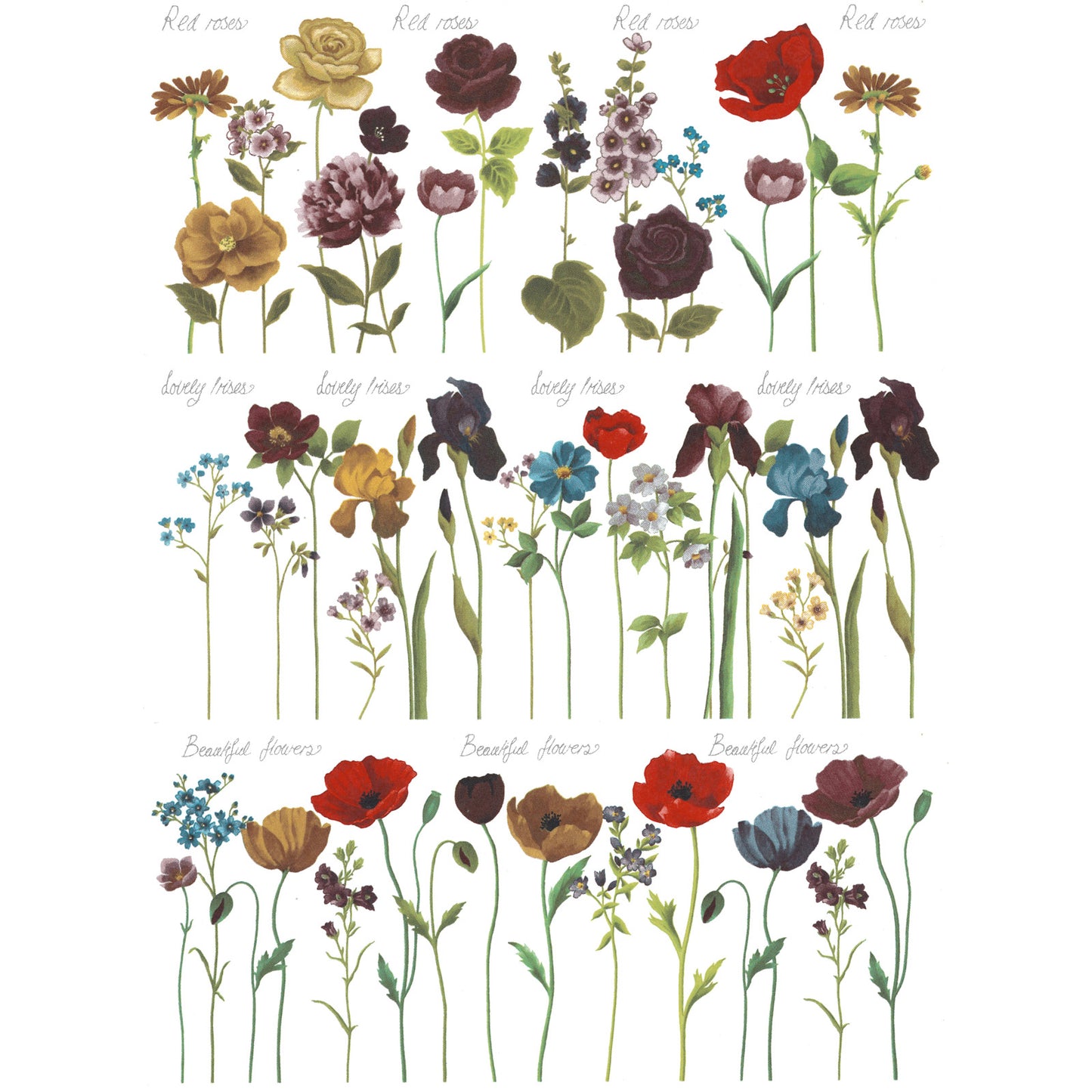 Garden Delight Flowers Mug Wrap 7.5 Inch 3 pcs Overglaze Waterslide Ceramic Decals