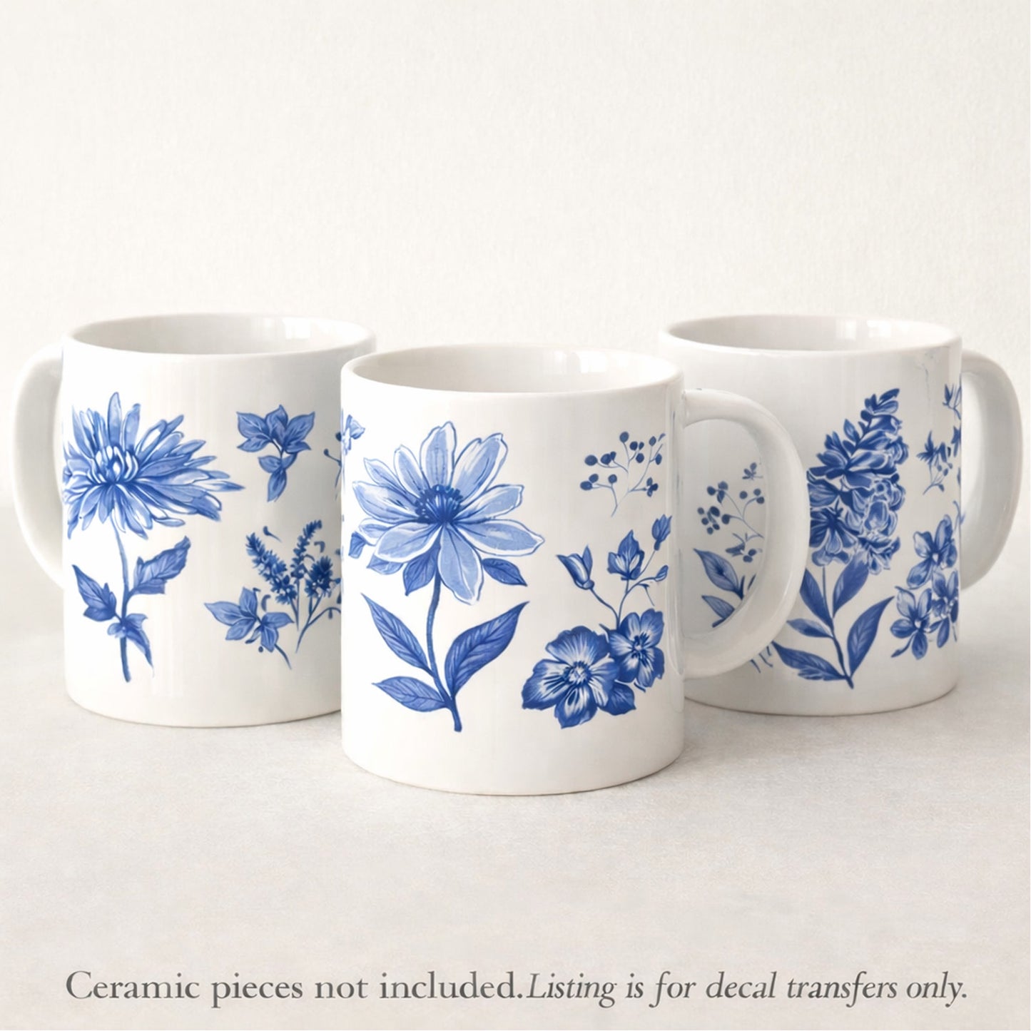 Blue Meadow Flowers Mug Wraps 7.5 Inch 3 pcs Overglaze Waterslide Ceramic Decals