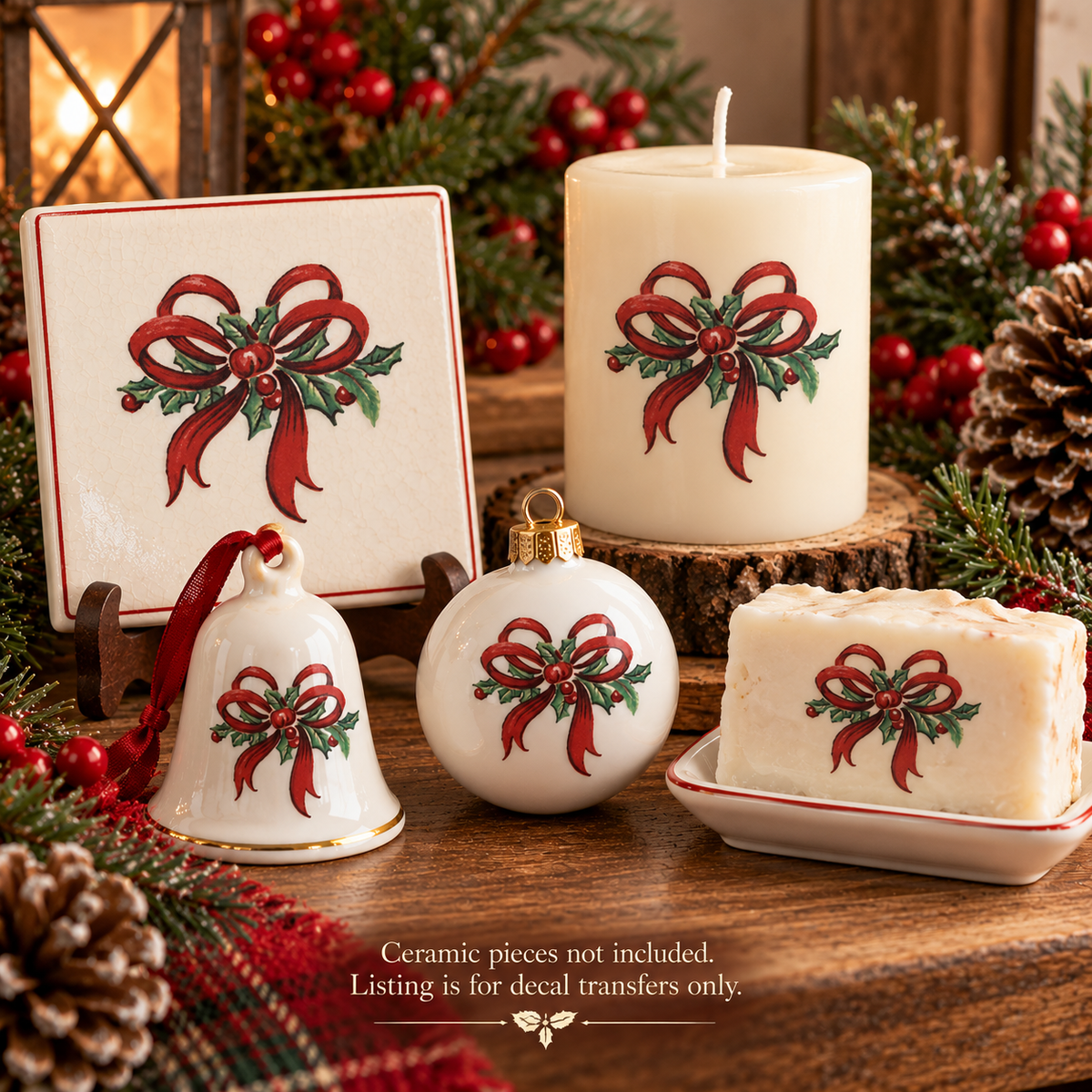 Waterslide Decal for Ceramics - Christmas Bow with Holly Berries – Vintage Red Ribbon