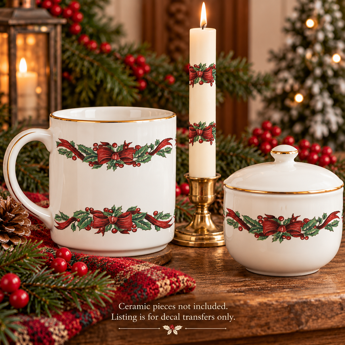 Waterslide Decal for Ceramics - Christmas Holly Garland – Vintage Red Ribbon Bow