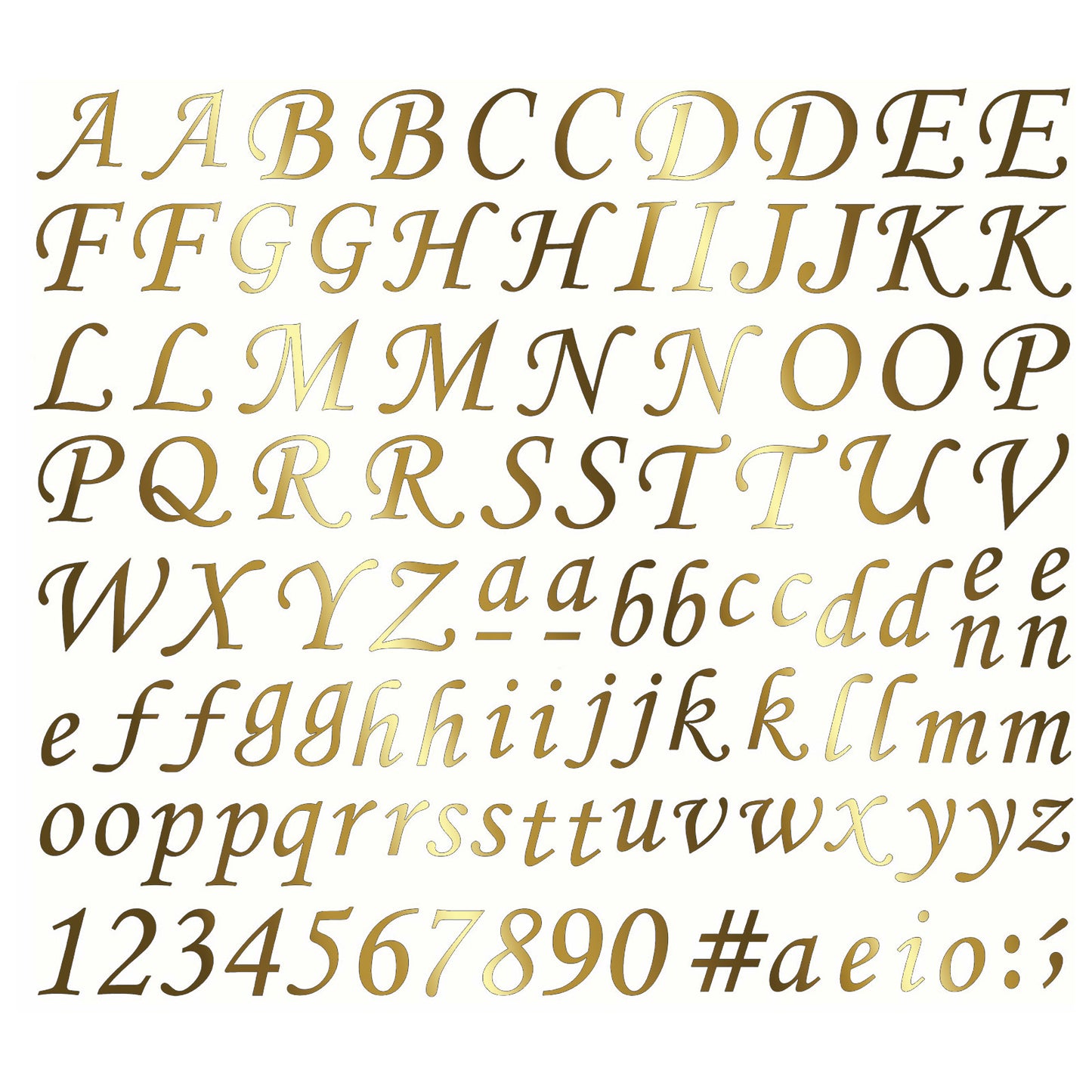 Corsiva Font Alphabet Letters Numbers 106 pcs 22k Gold Fused Glass Decals