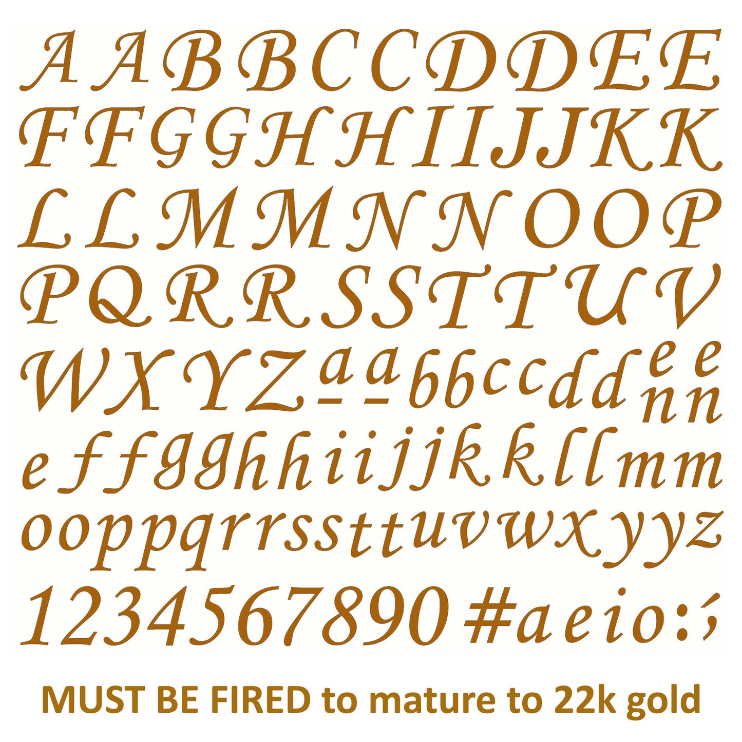 Corsiva Font Alphabet Letters Numbers 106 pcs 22k Gold Fused Glass Decals