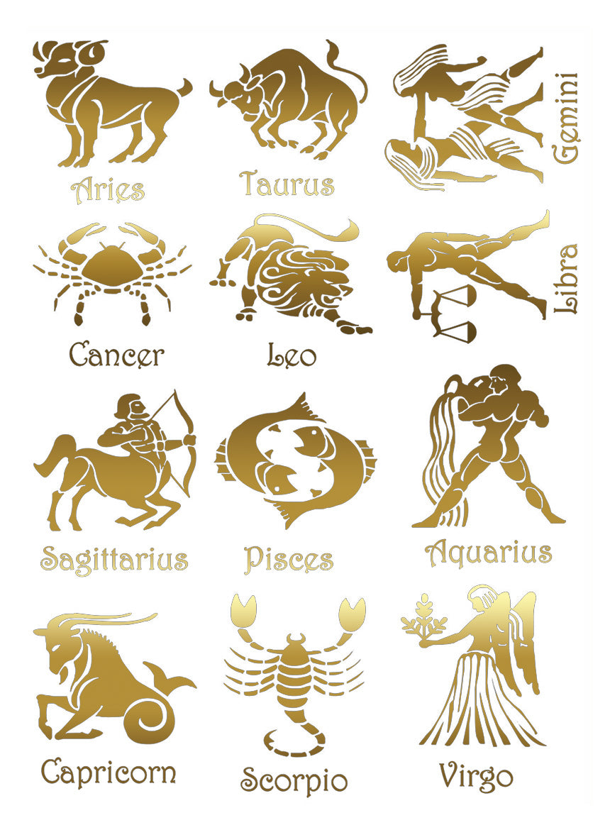 Astrology Zodiac Signs 12 pcs 22k Gold Fused Glass Decals