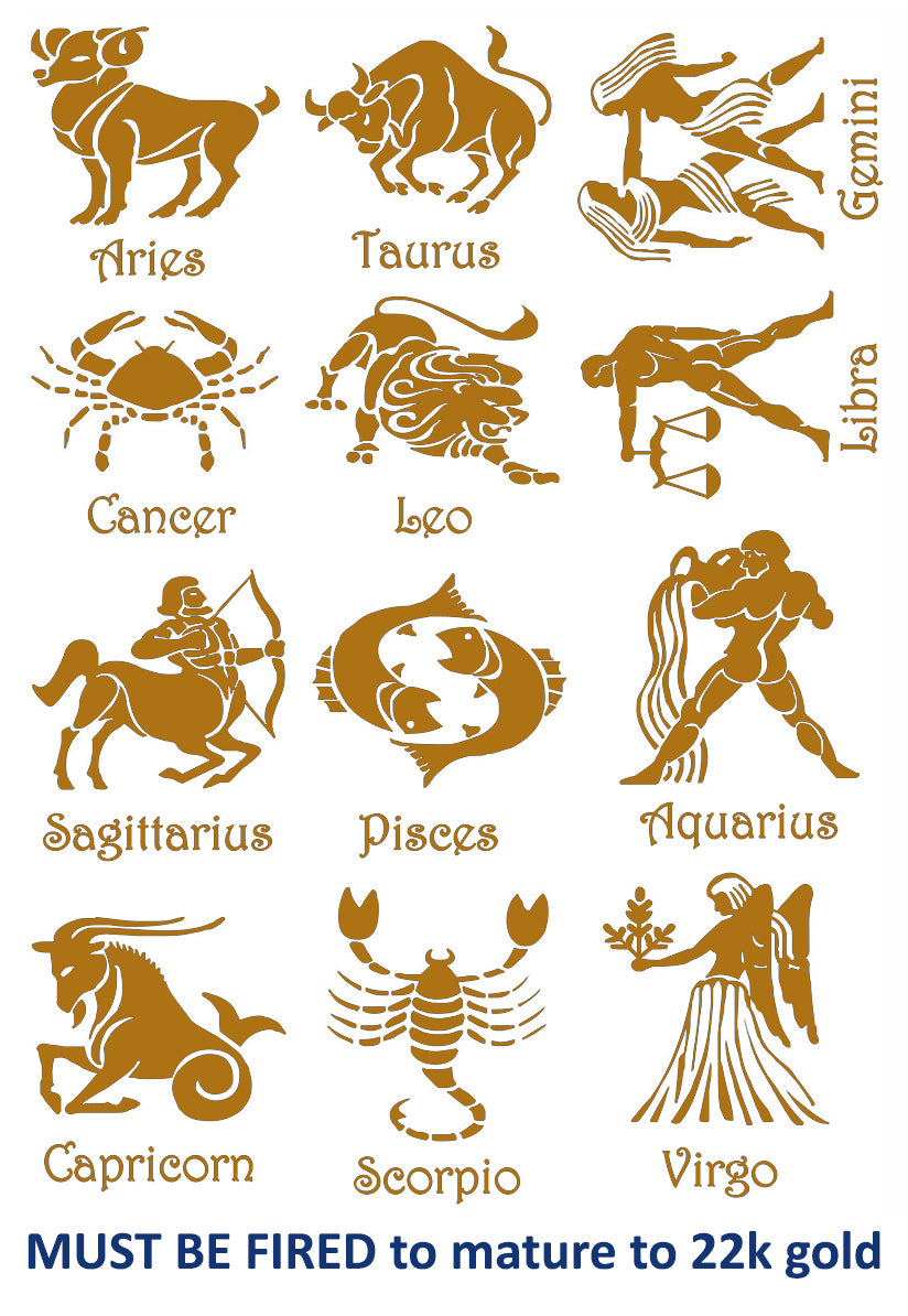 Astrology Zodiac Signs 12 pcs 22k Gold Fused Glass Decals