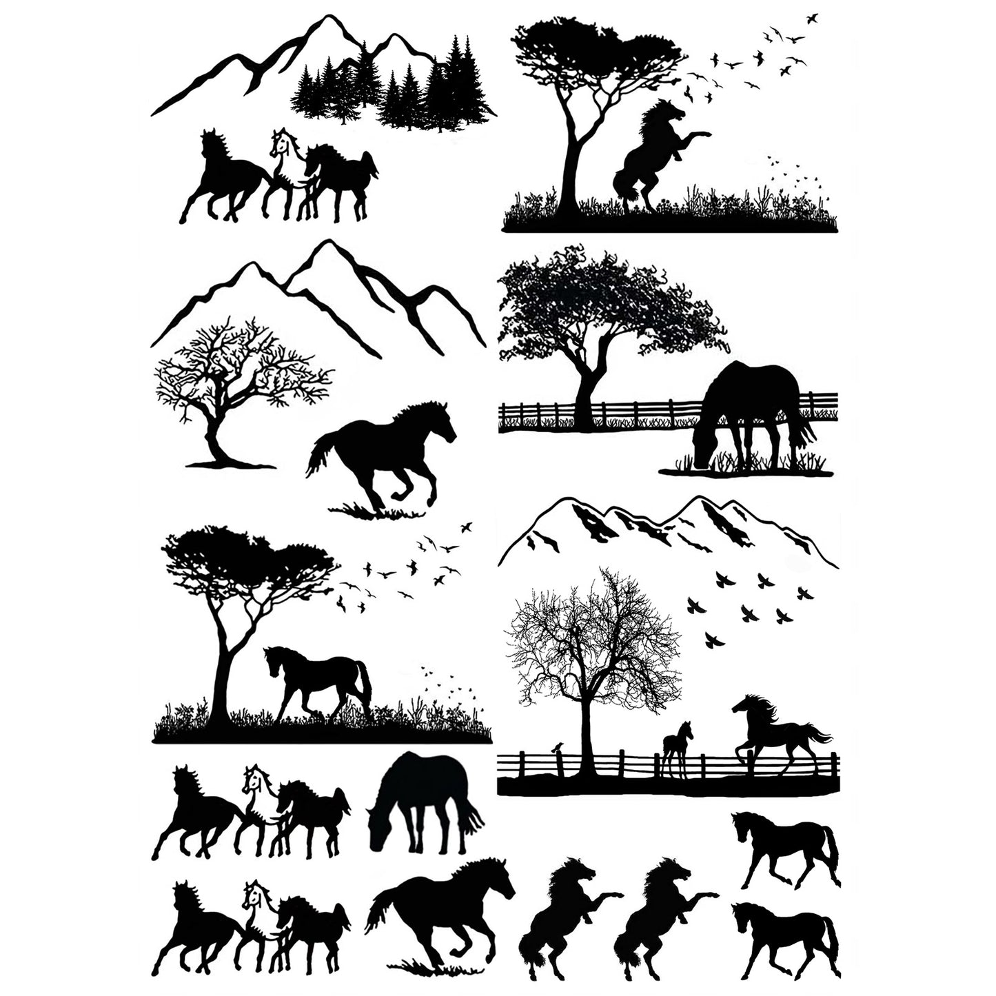 Horse Scenes 6 pcs 2.5 Inch Black Fused Glass Decals
