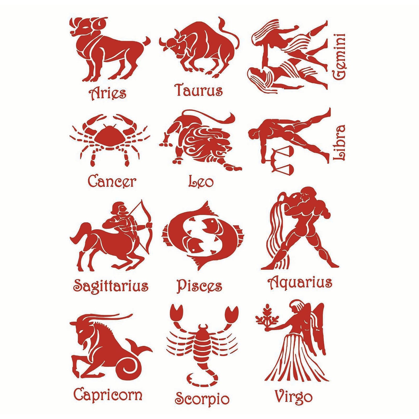 Astrology Zodiac Signs 12 pcs 1 Inch Red Fused Glass Decals
