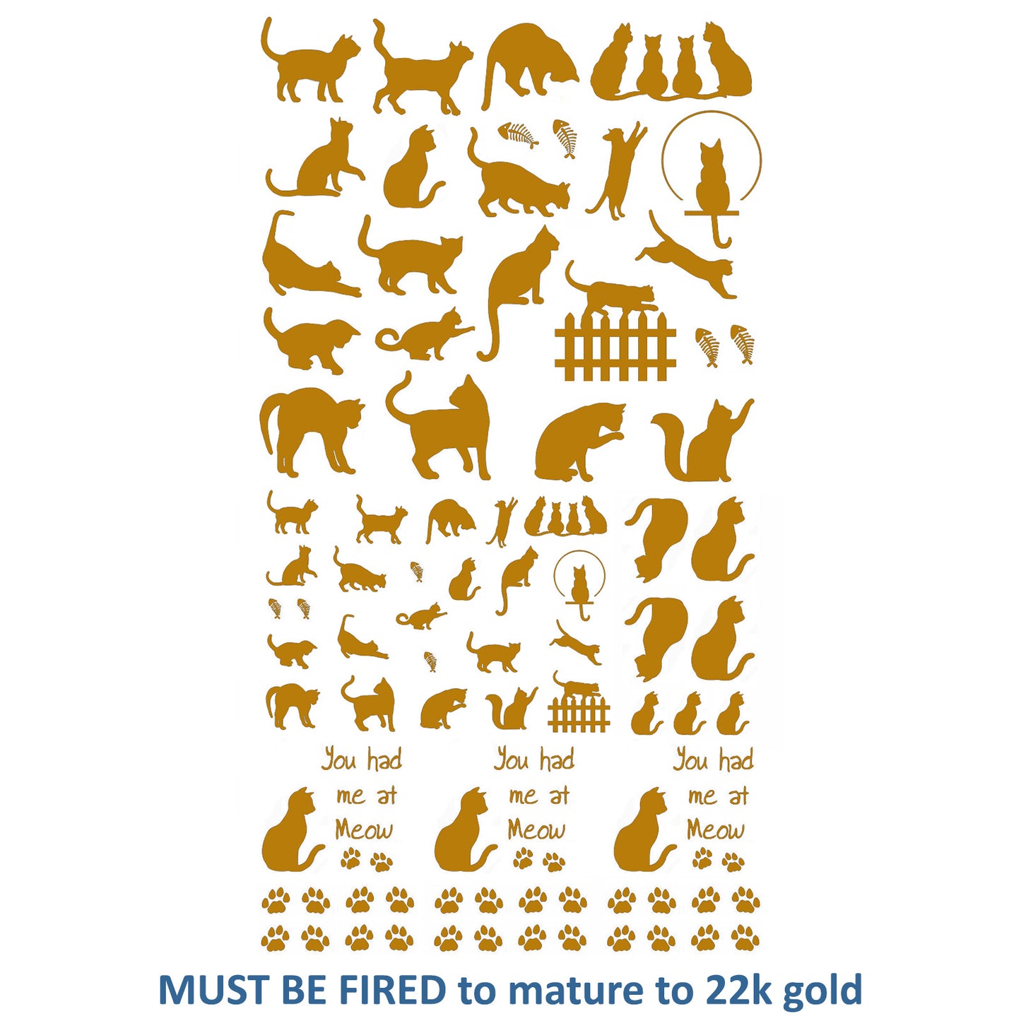 Mini Cat Kitten Kitty 72 pcs 22k Gold Fused Glass Decals