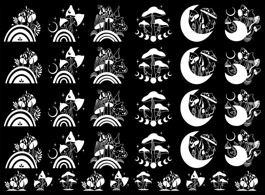 Mystical Mushrooms 34 pcs White Fused Glass Decals