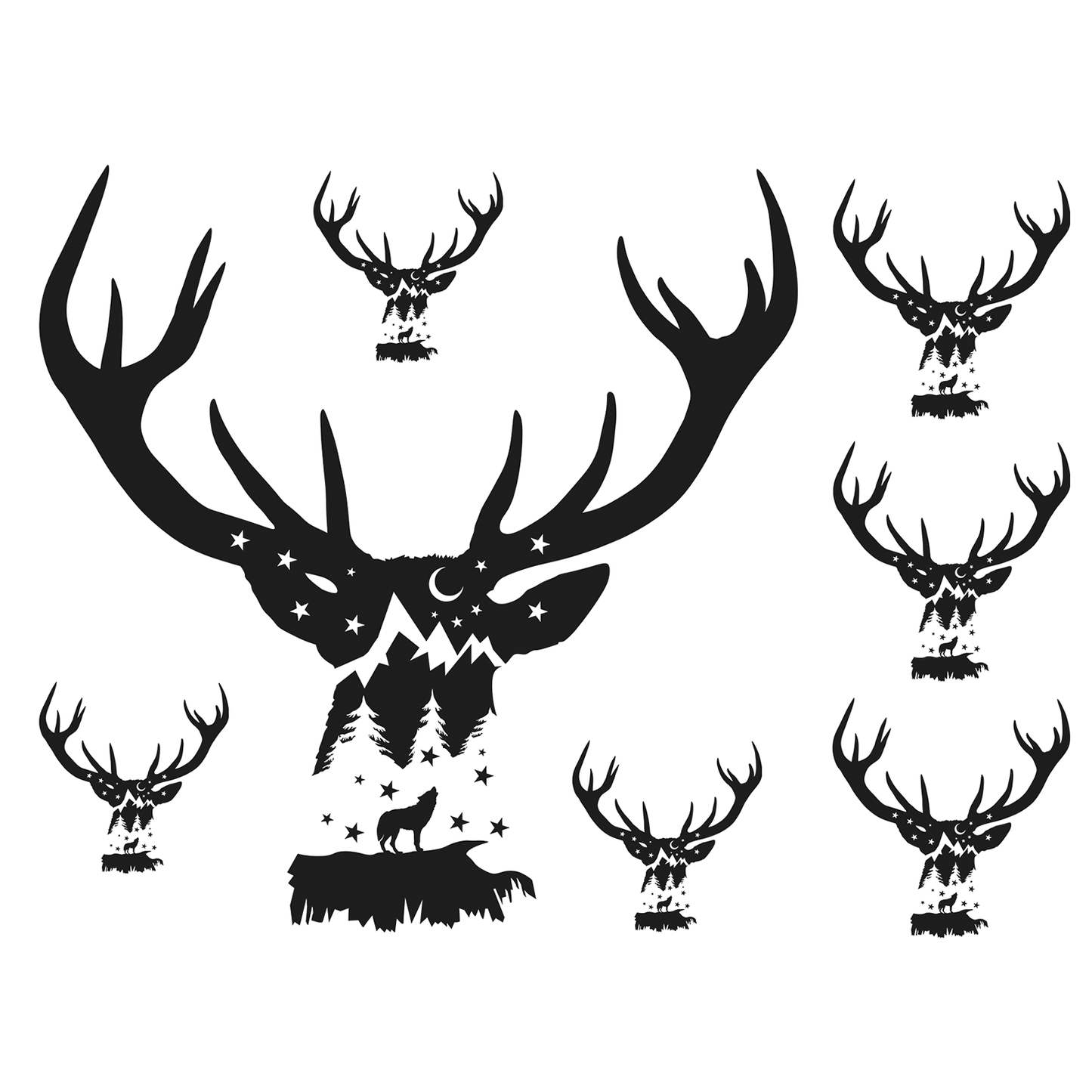 Cosmic Wilds Wolf Stag and Stars 7 pcs 1 to 4 Inch Black Fused Glass Decals