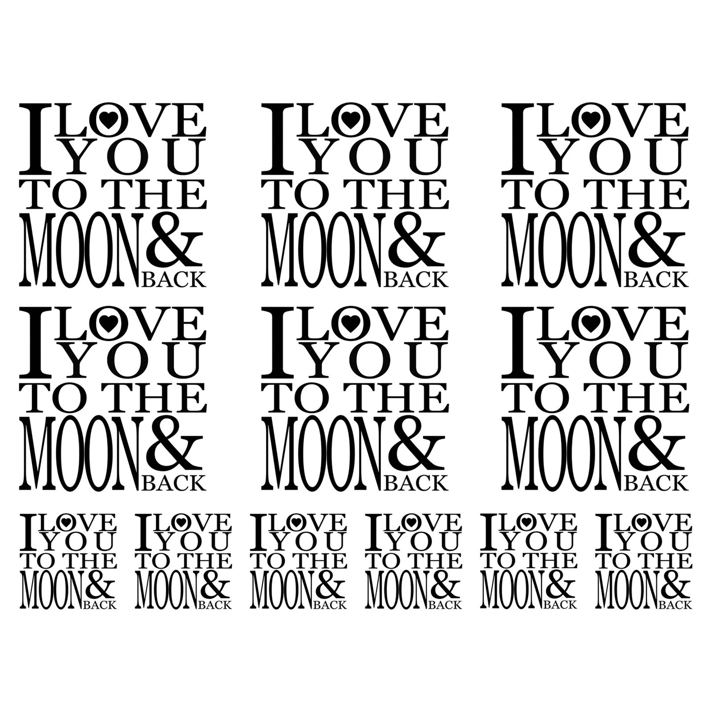 Love You to the Moon and Back 12 pcs 1 to 2 Inch Black Fused Glass Decals