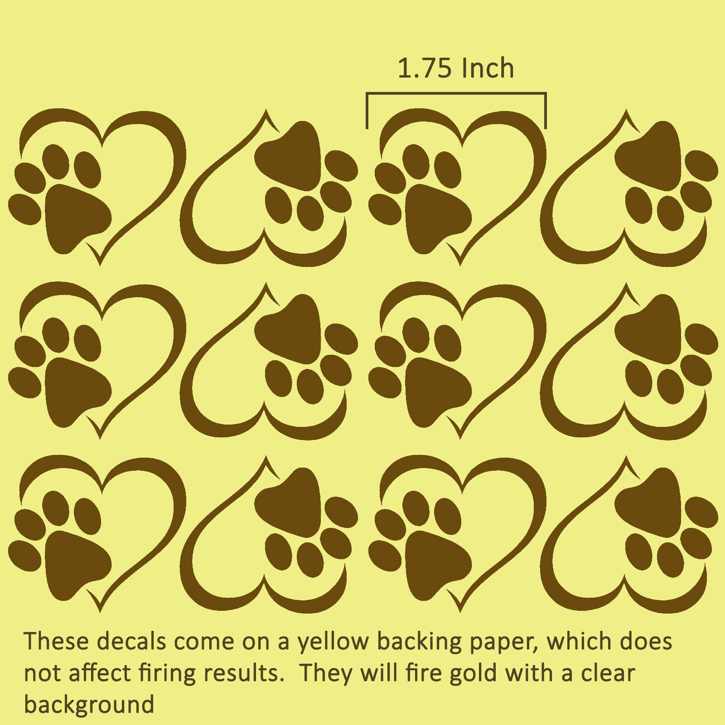 Heart Paw Prints 1.75 Inch 12 pcs 22k Gold Fused Glass Decals