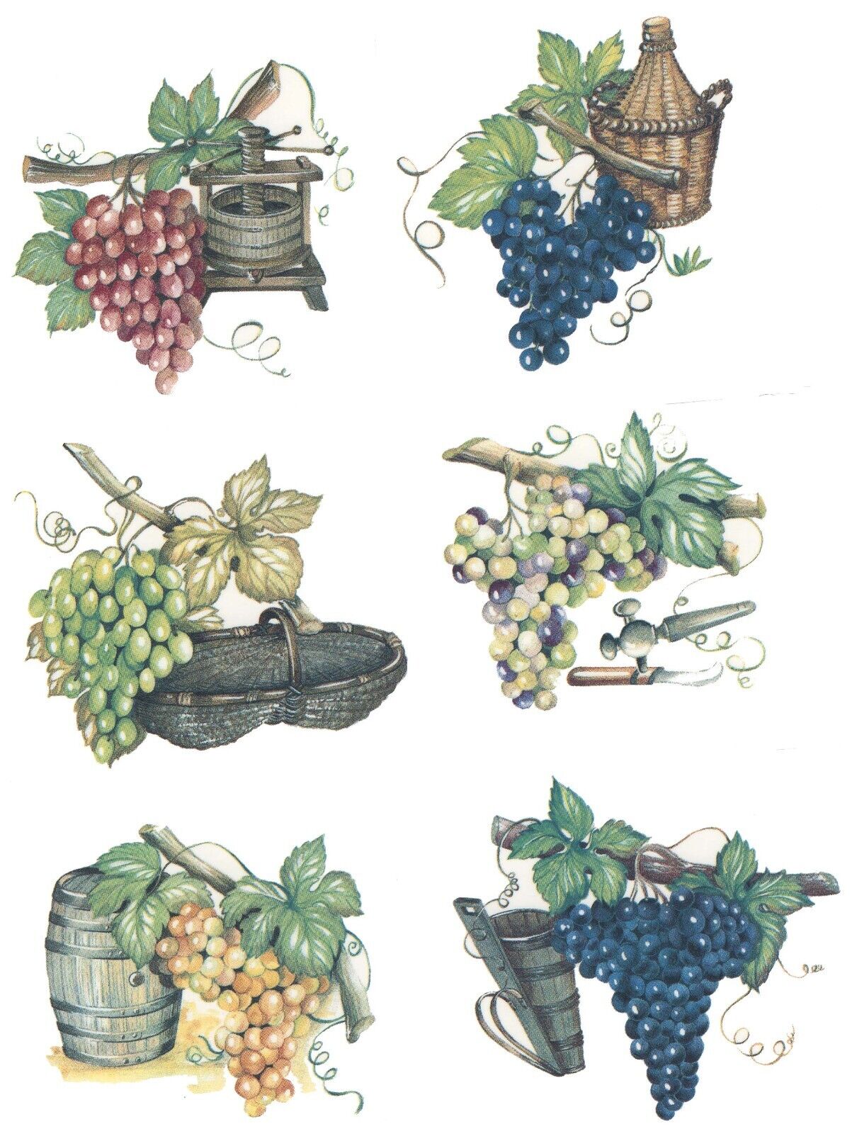 Rustic Grape Bunches 6 pcs 4" Overglaze Waterslide Ceramic Decals