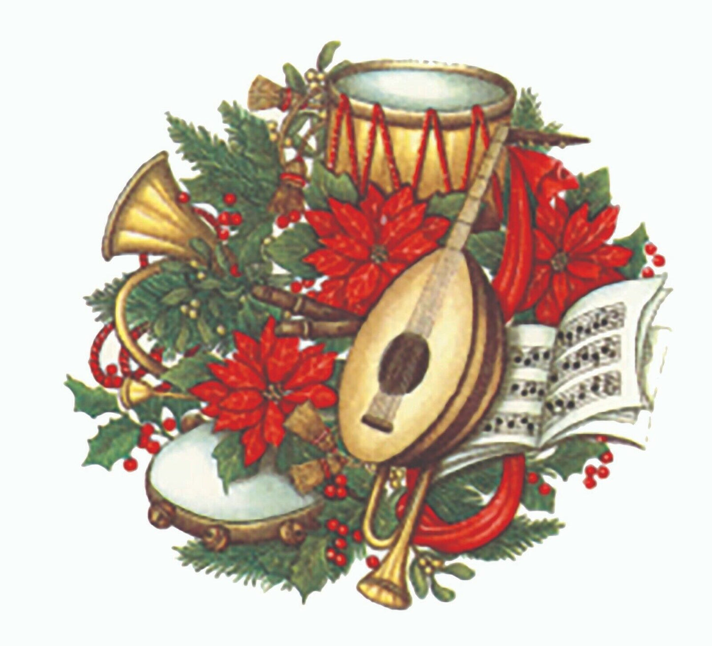 Christmas Instruments Drum Horn 4 pcs 2-3/4" X 2-1/2" Waterslide Ceramic Decals