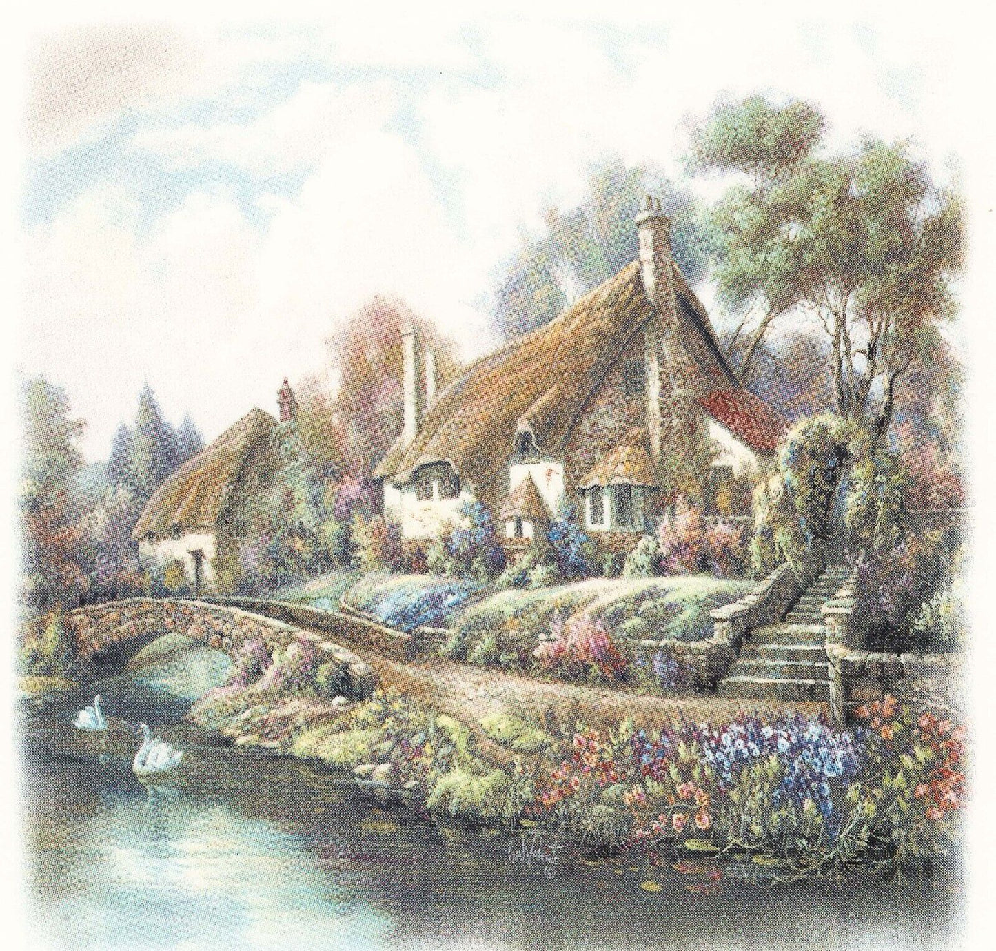 Thatched Cottage Bridge 3 pcs 4" X 4" Overglaze Waterslide Ceramic Decal