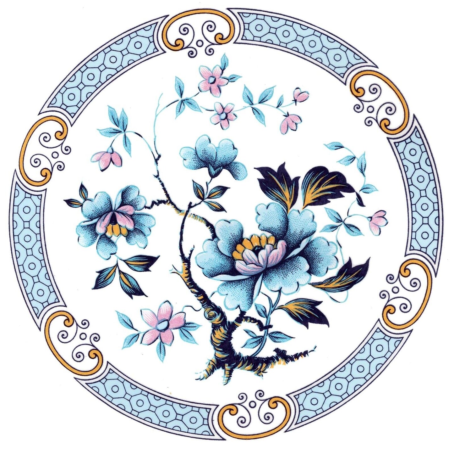 Blue Pink Flowering Tree Bordered Overglaze Waterslide Ceramic Decals
