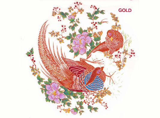 Oriental Pheasants in Gold with Pink Flowers Ceramic Decals 121