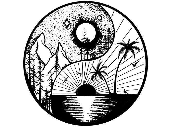 Yin Yang Mountain Ocean 2 pcs 4" Black Fused Glass Decals