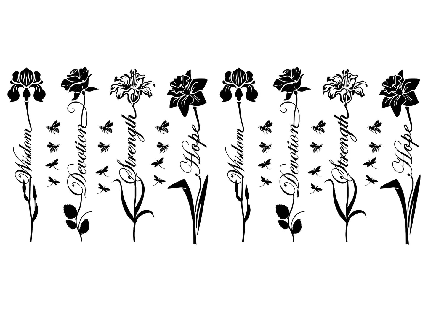 Flower Inspiration Word 8 pcs 3" Black Fused Glass Decals